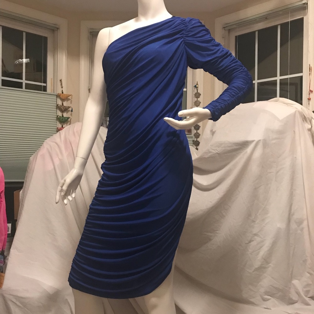 Blue bodycon one shoulder party dress long sleeve mini zippered cocktail Vintage
